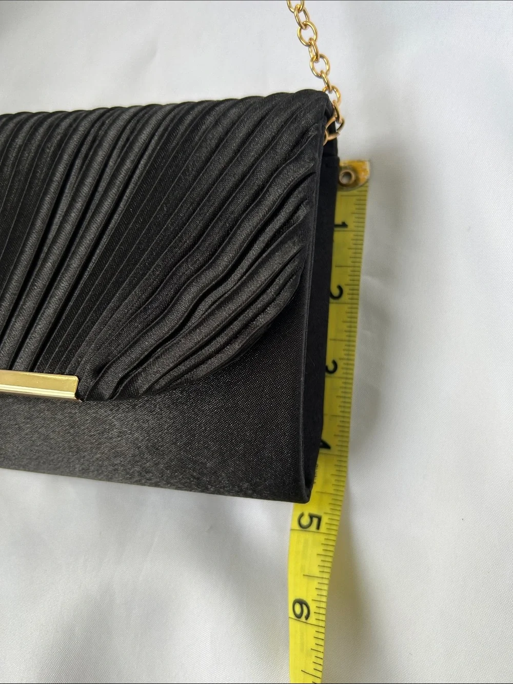 Black Pleated Evening Clutch with Gold Chain